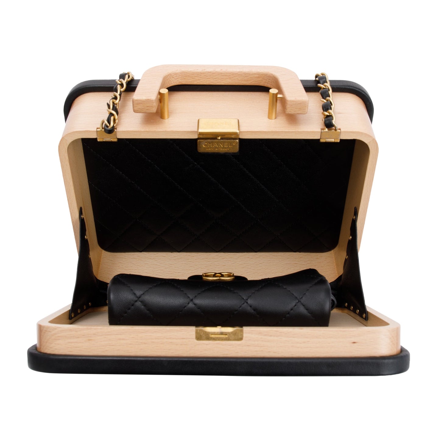 Chanel 2022 Beige Beech Wood Black Lambskin Leather Medium CC Vanity Case