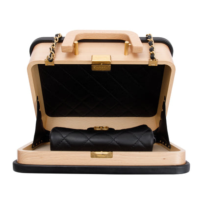 Chanel 2022 Beige Beech Wood Black Lambskin Leather Medium CC Vanity Case