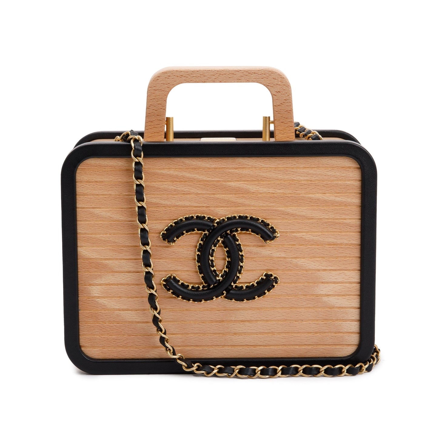 Chanel 2022 Beige Beech Wood Black Lambskin Leather Medium CC Vanity Case