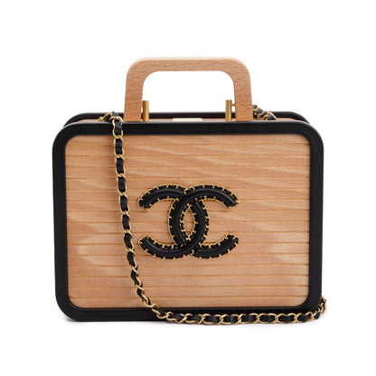 Chanel 2022 Beige Beech Wood Black Lambskin Leather Medium CC Vanity Case
