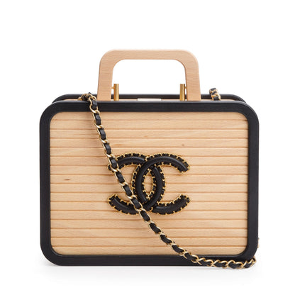Chanel 2022 Beige Beech Wood Black Lambskin Leather Medium CC Vanity Case
