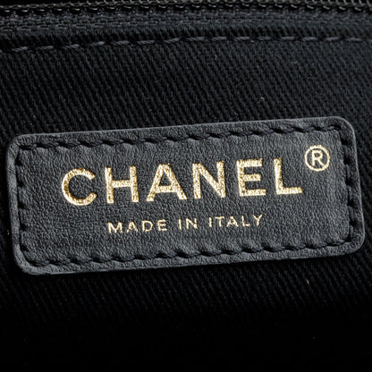 Chanel 2022 Black Calfskin Leather Grey Knit Medium Deauville Tote