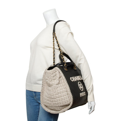 Chanel 2022 Black Calfskin Leather Grey Knit Medium Deauville Tote
