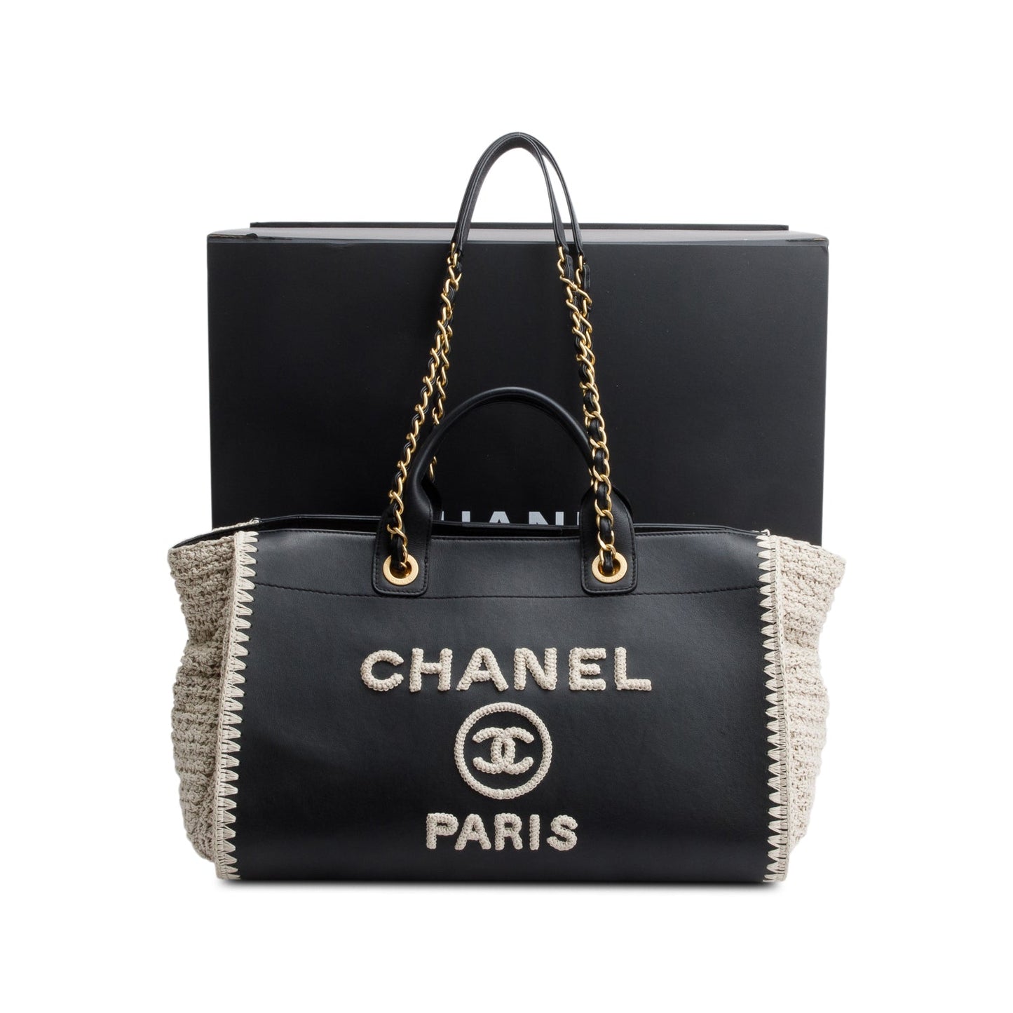 Chanel 2022 Black Calfskin Leather Grey Knit Medium Deauville Tote