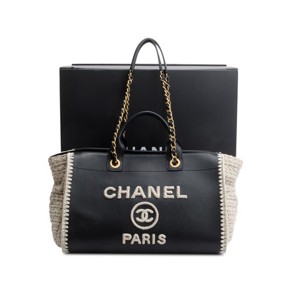 Chanel 2022 Black Calfskin Leather Grey Knit Medium Deauville Tote