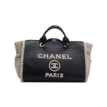 Chanel 2022 Black Calfskin Leather Grey Knit Medium Deauville Tote
