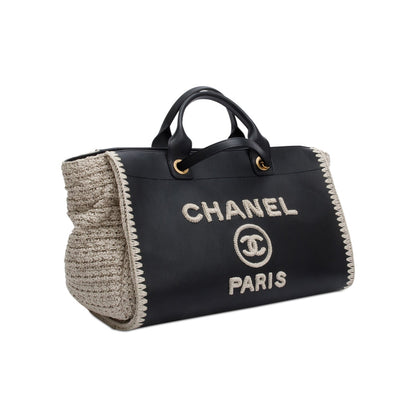 Chanel 2022 Black Calfskin Leather Grey Knit Medium Deauville Tote