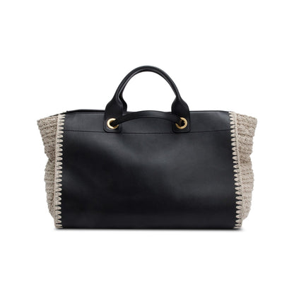 Chanel 2022 Black Calfskin Leather Grey Knit Medium Deauville Tote