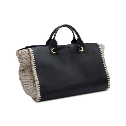 Chanel 2022 Black Calfskin Leather Grey Knit Medium Deauville Tote