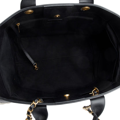Chanel 2022 Black Calfskin Leather Grey Knit Medium Deauville Tote