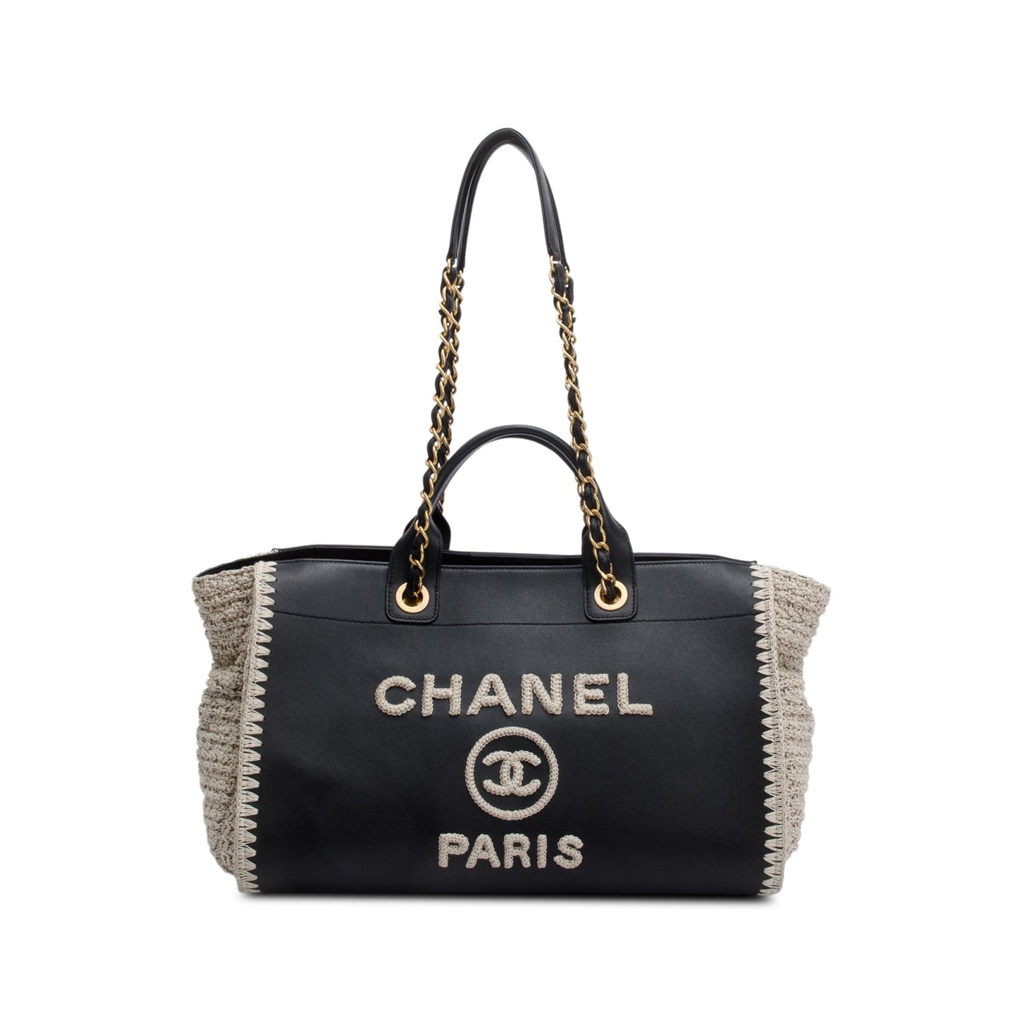 Chanel 2022 Black Calfskin Leather Grey Knit Medium Deauville Tote