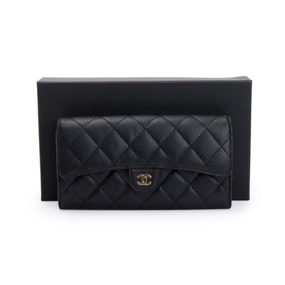 Chanel 2022 Black Caviar Classic Long Flap Wallet