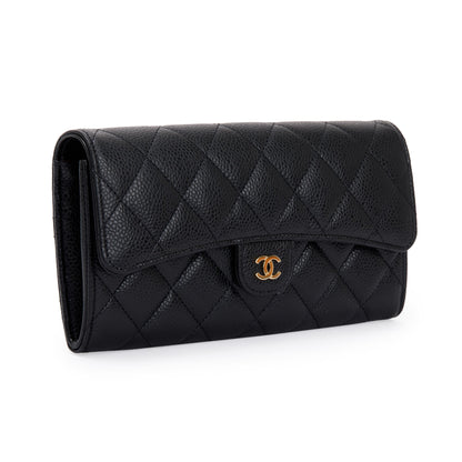 Chanel 2022 Black Caviar Classic Long Flap Wallet