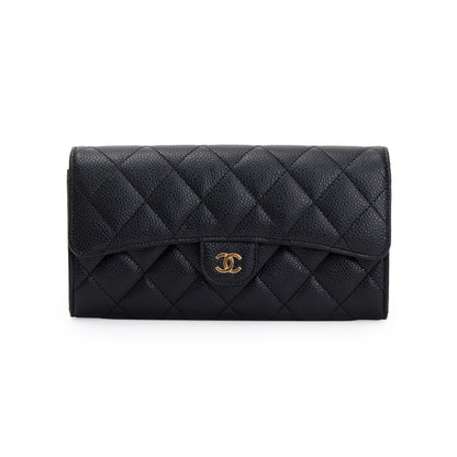 Chanel 2022 Black Caviar Classic Long Flap Wallet
