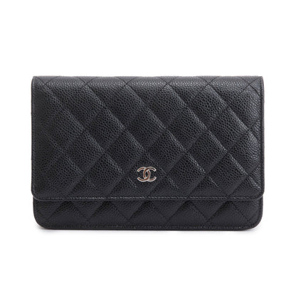 Chanel 2022 Black Quilted Caviar Leather Classic Wallet on Chain
