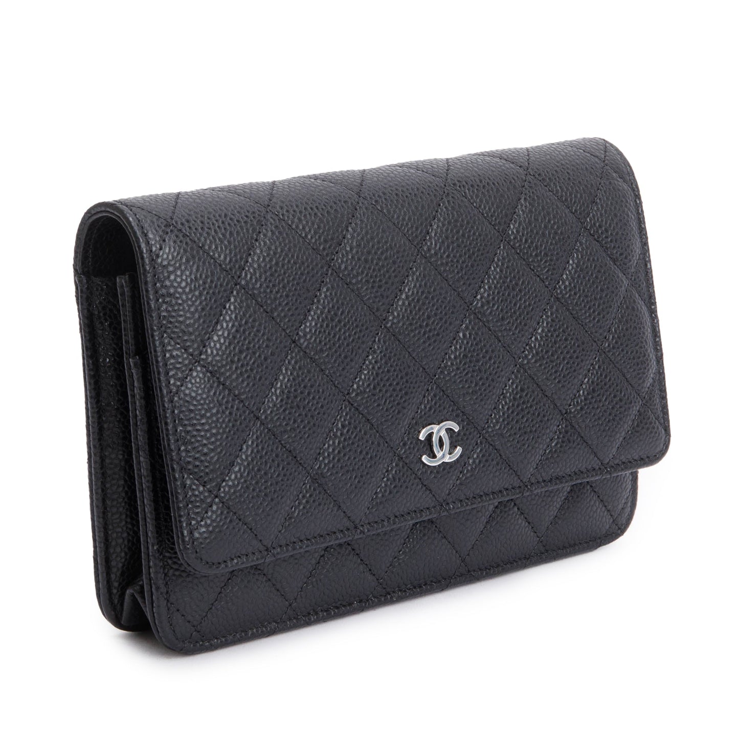 Chanel 2022 Black Quilted Caviar Leather Classic Wallet on Chain
