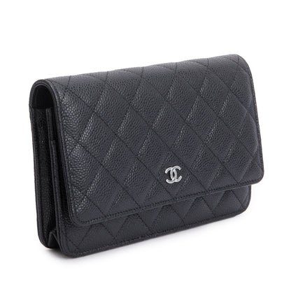 Chanel 2022 Black Quilted Caviar Leather Classic Wallet on Chain