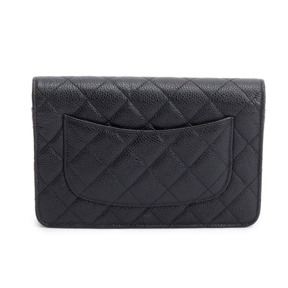 Chanel 2022 Black Quilted Caviar Leather Classic Wallet on Chain