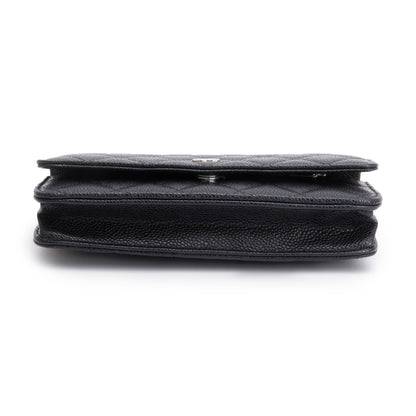 Chanel 2022 Black Quilted Caviar Leather Classic Wallet on Chain