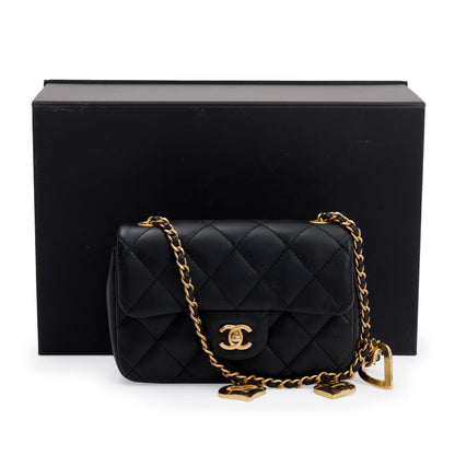Chanel 2022 Black Quilted Lambskin Heart Charms Mini Flap Bag