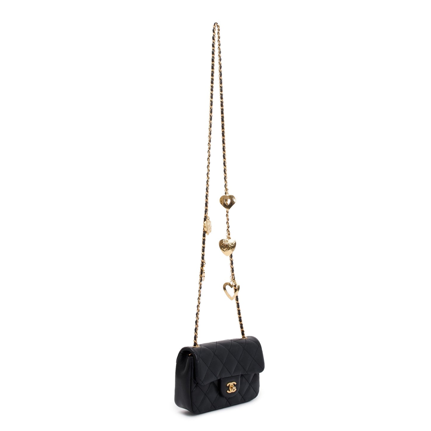 Chanel 2022 Black Quilted Lambskin Heart Charms Mini Flap Bag