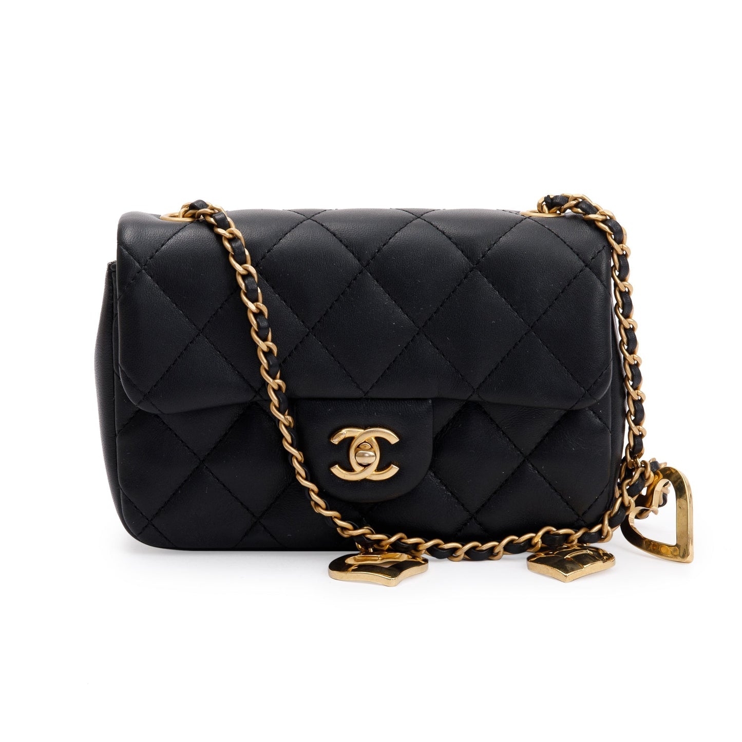 Chanel 2022 Black Quilted Lambskin Heart Charms Mini Flap Bag