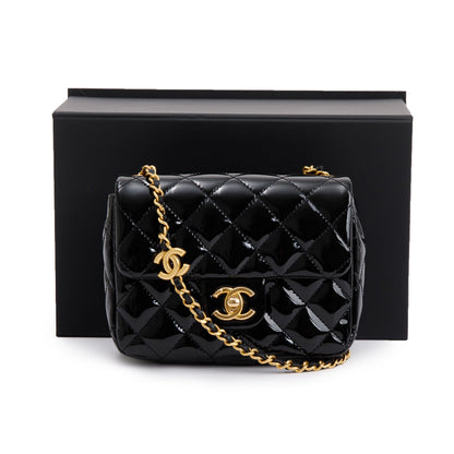 Chanel 2022 Black Quilted Patent Leather Coco De Toi Heart Square Mini Flap Bag