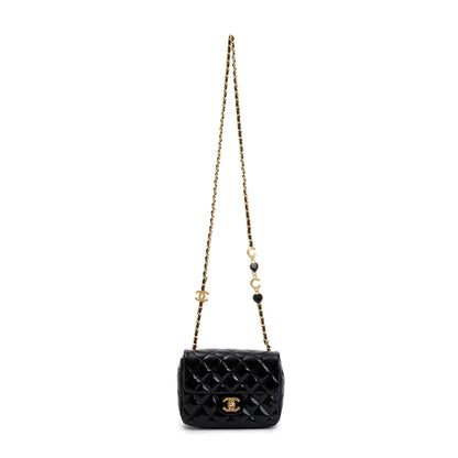 Chanel 2022 Black Quilted Patent Leather Coco De Toi Heart Square Mini Flap Bag