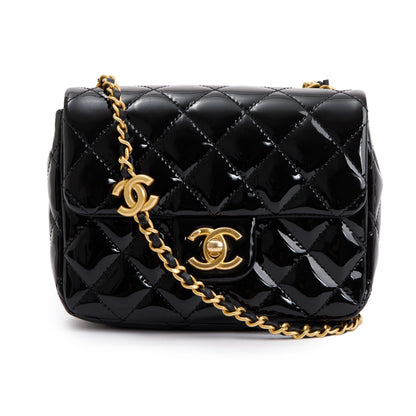 Chanel 2022 Black Quilted Patent Leather Coco De Toi Heart Square Mini Flap Bag