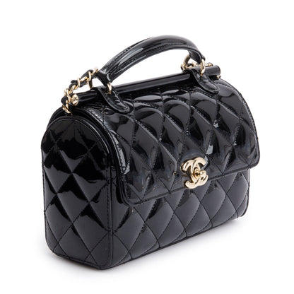 Chanel 2022 Black Quilted Patent Leather Mini Top Handle Flap Bag