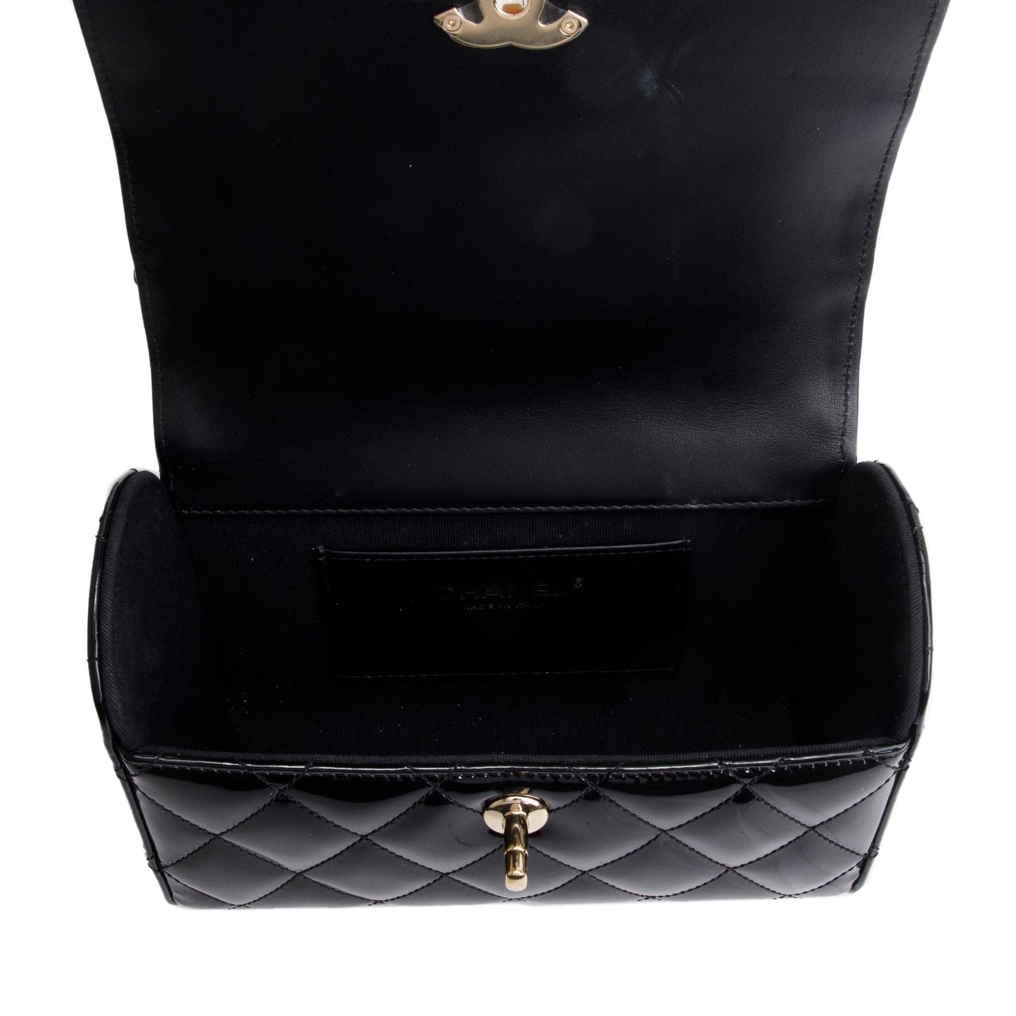 Chanel 2022 Black Quilted Patent Leather Mini Top Handle Flap Bag