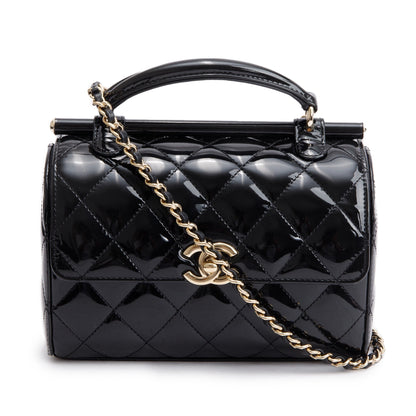 Chanel 2022 Black Quilted Patent Leather Mini Top Handle Flap Bag