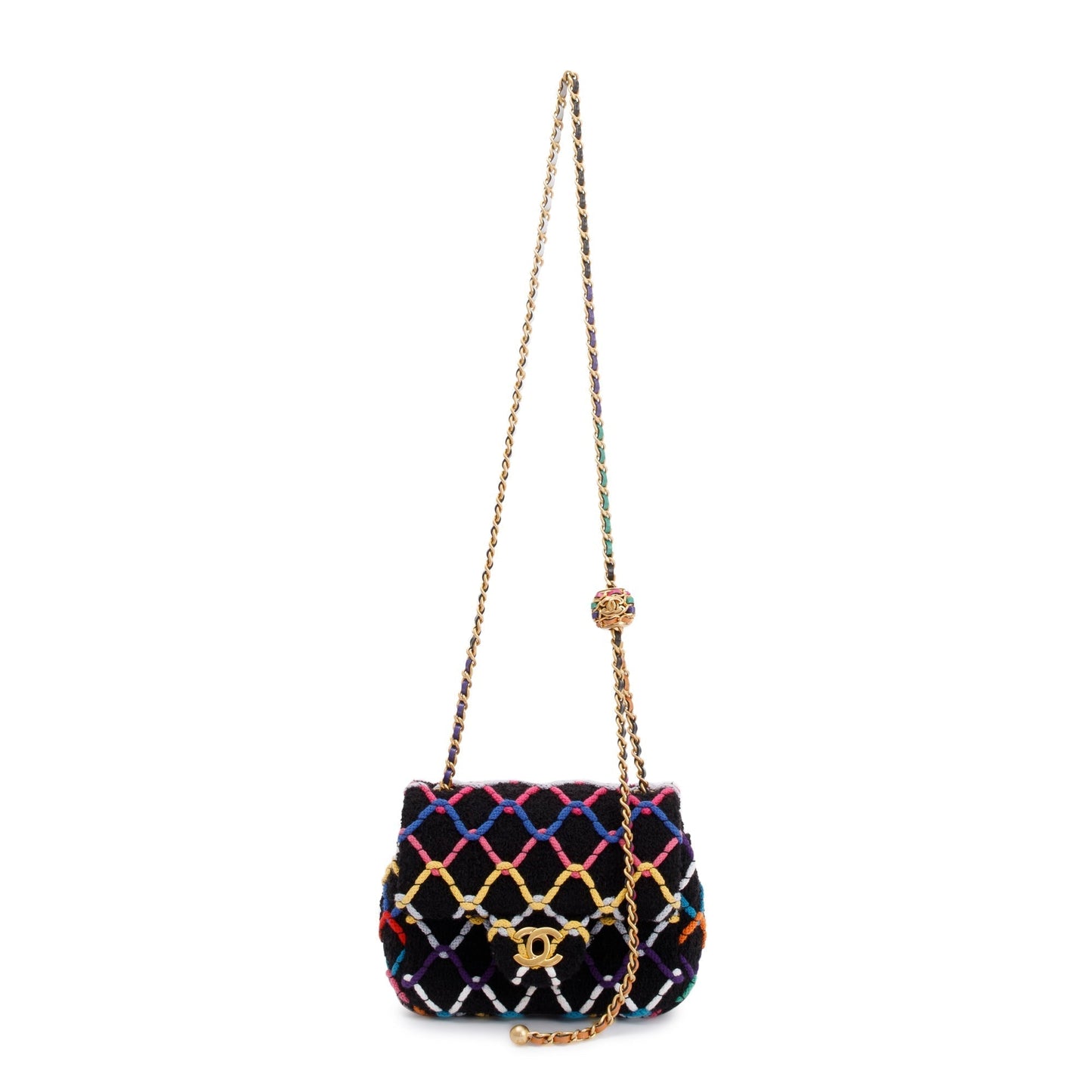 Chanel 2022 Diamond Threaded Tweed CC Pearl Crush Square Mini Flap Bag