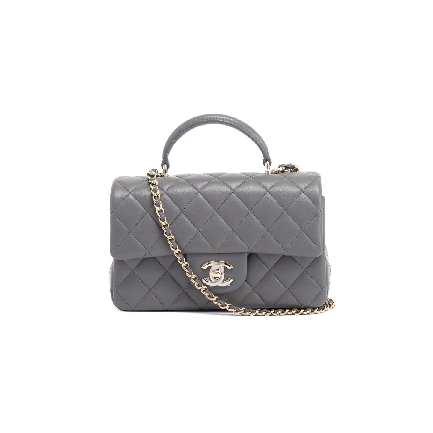Chanel 2022 Grey Lambskin Quilted Mini Top Handle Rectangular Flap Bag