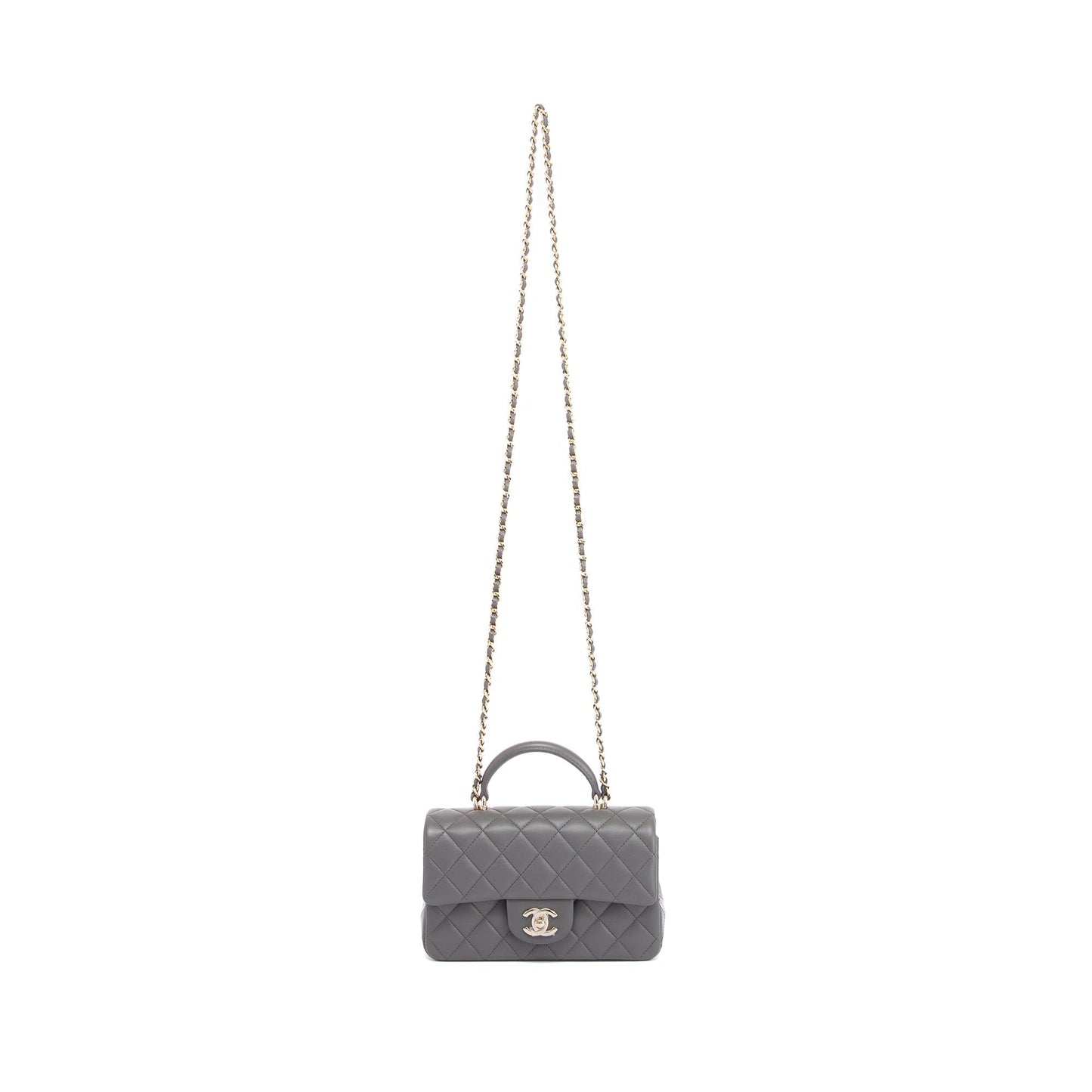 Chanel 2022 Grey Lambskin Quilted Mini Top Handle Rectangular Flap Bag