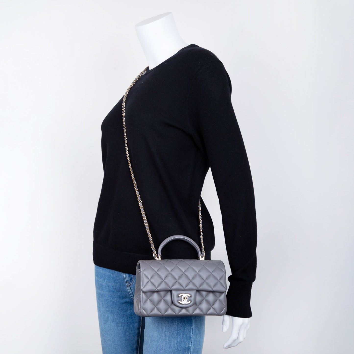 Chanel 2022 Grey Lambskin Quilted Mini Top Handle Rectangular Flap Bag