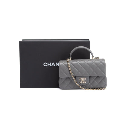 Chanel 2022 Grey Lambskin Quilted Mini Top Handle Rectangular Flap Bag