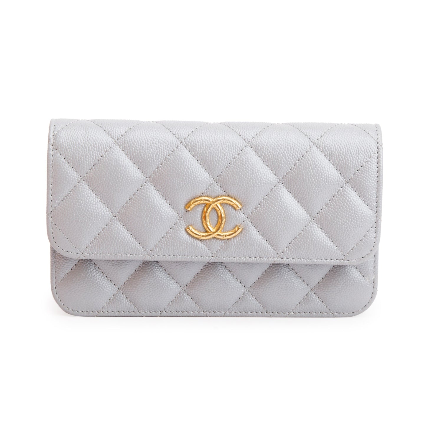 Chanel 2022 Grey Quilted Caviar Leather Classic Phone Holder on Chain