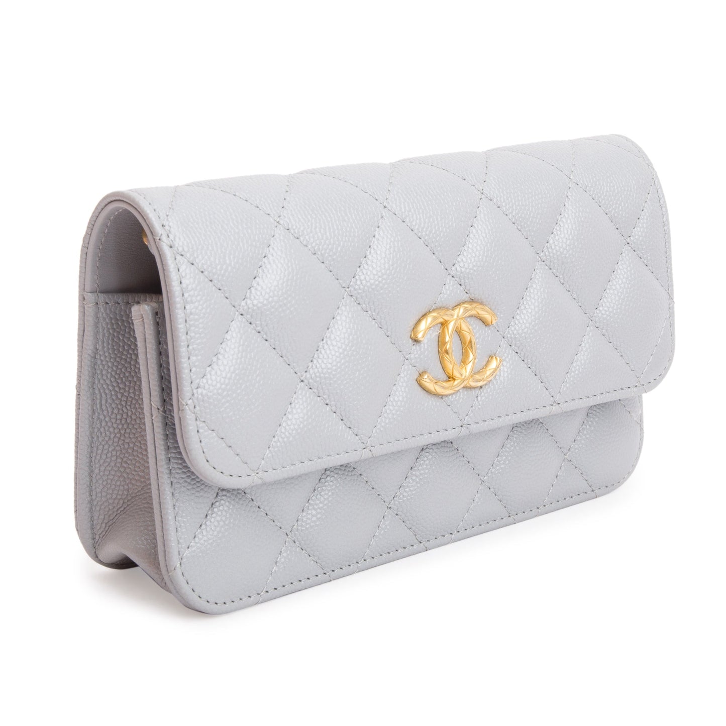 Chanel 2022 Grey Quilted Caviar Leather Classic Phone Holder on Chain