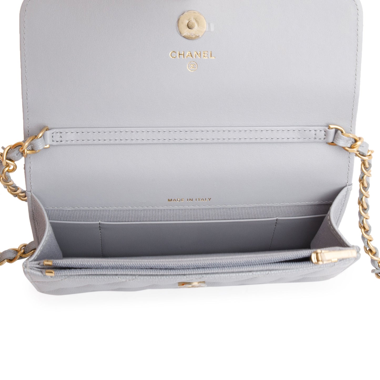 Chanel 2022 Grey Quilted Caviar Leather Classic Phone Holder on Chain