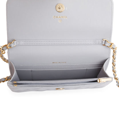 Chanel 2022 Grey Quilted Caviar Leather Classic Phone Holder on Chain