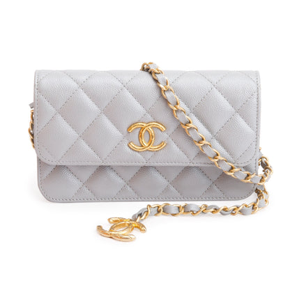 Chanel 2022 Grey Quilted Caviar Leather Classic Phone Holder on Chain