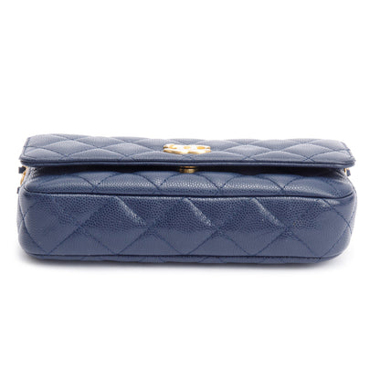 Chanel 2022 Navy Quilted Caviar Leather Twist Your Button Flap Phone Holder Crossbody Bag