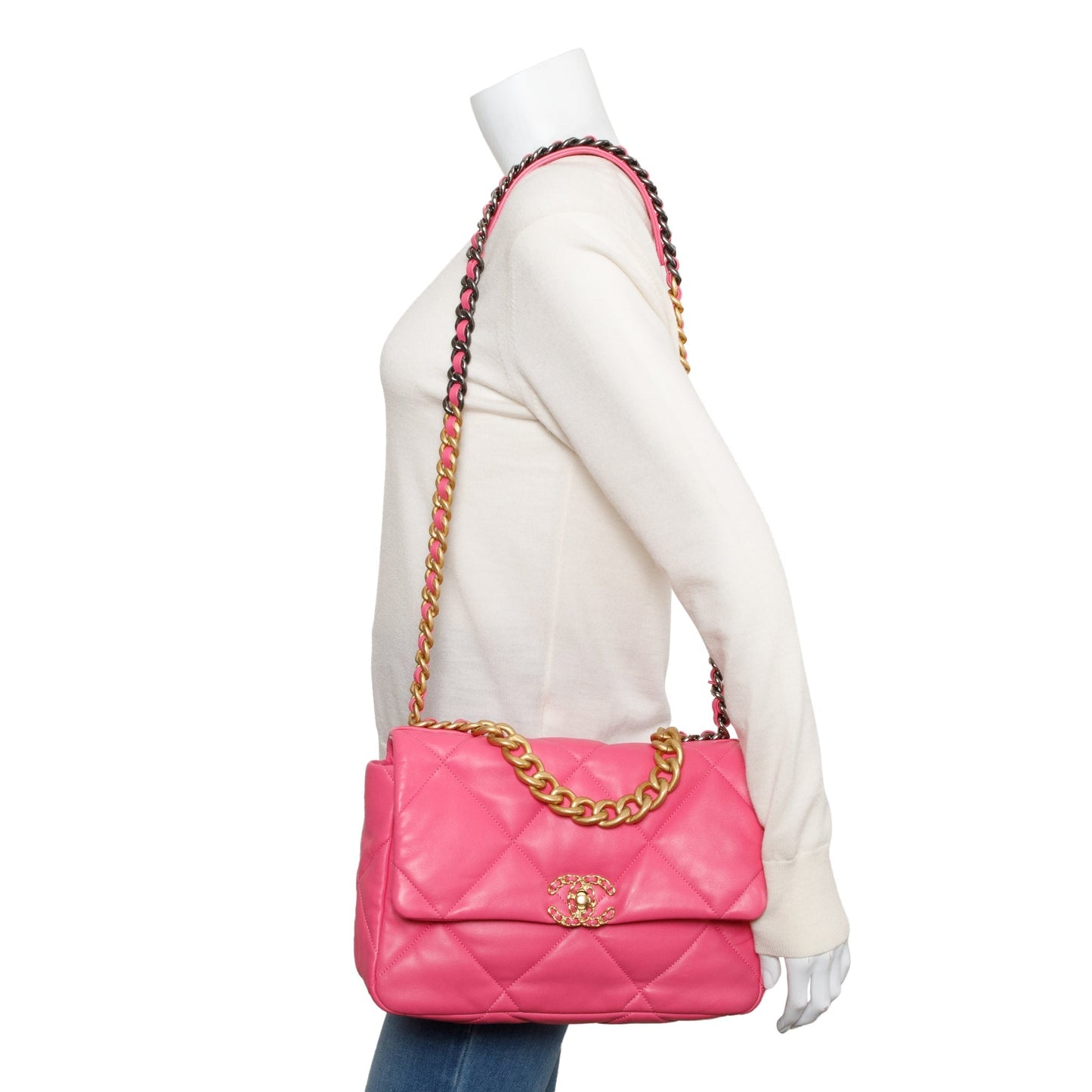 Chanel 2022 Pink Lambskin Leather Large 19 Flap Bag