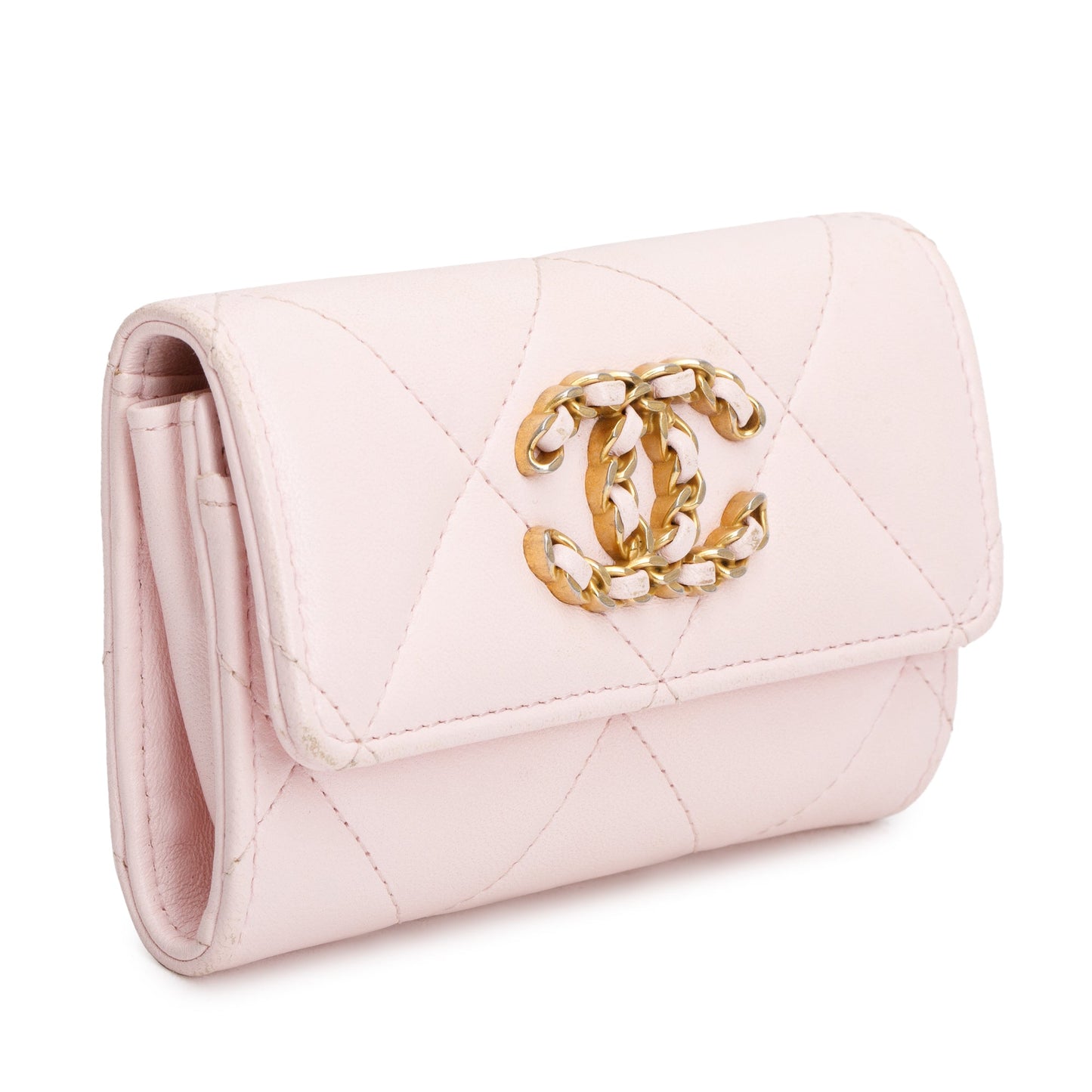 Chanel 2022 Pink Quilted Leather 19 Flap Card Holder