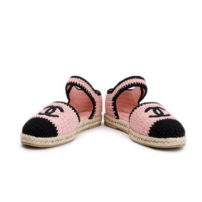 Chanel 2022 Pink/Black Braided Knit Interlocking CC Logo Ankle Strap Espadrilles, Size 41