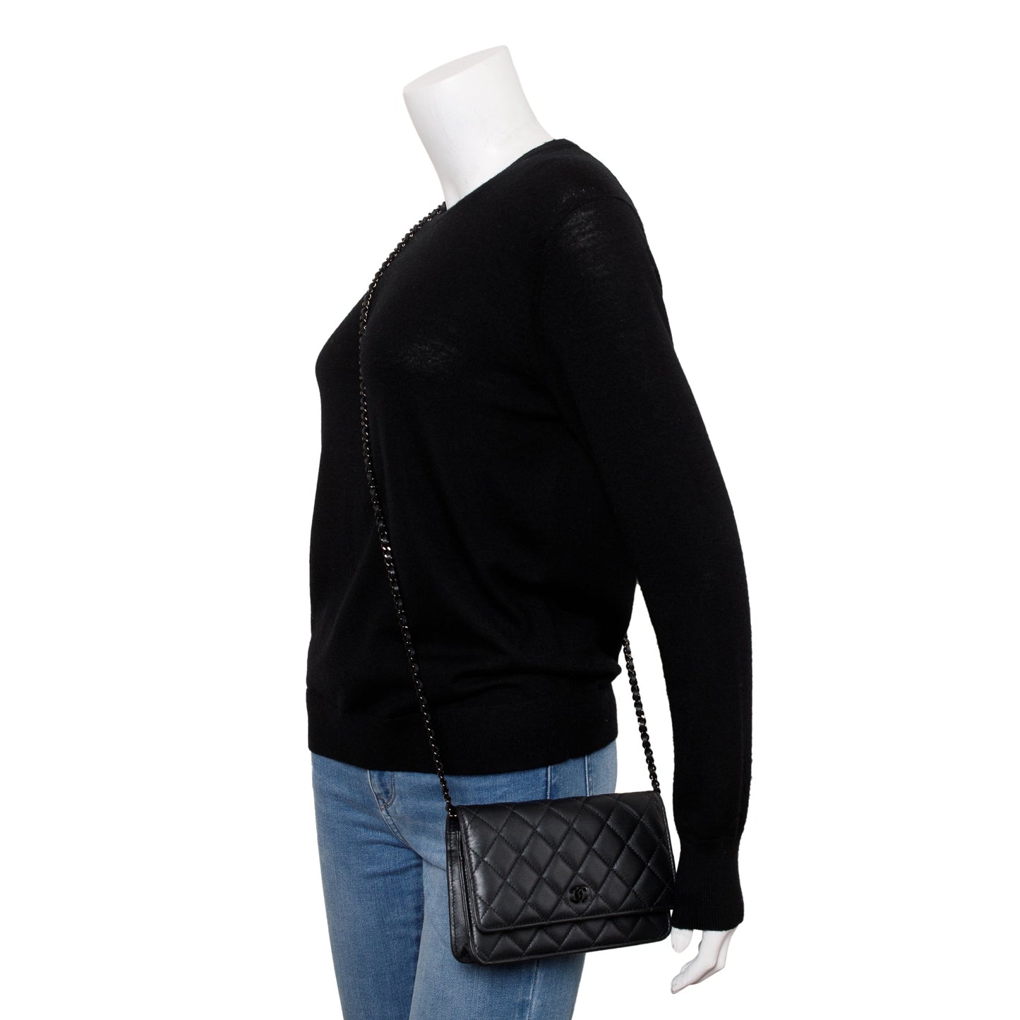 Chanel 2022 So Black Lambskin Leather Classic Wallet on Chain