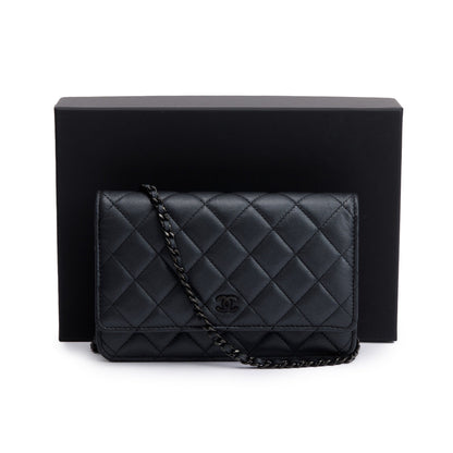 Chanel 2022 So Black Lambskin Leather Classic Wallet on Chain