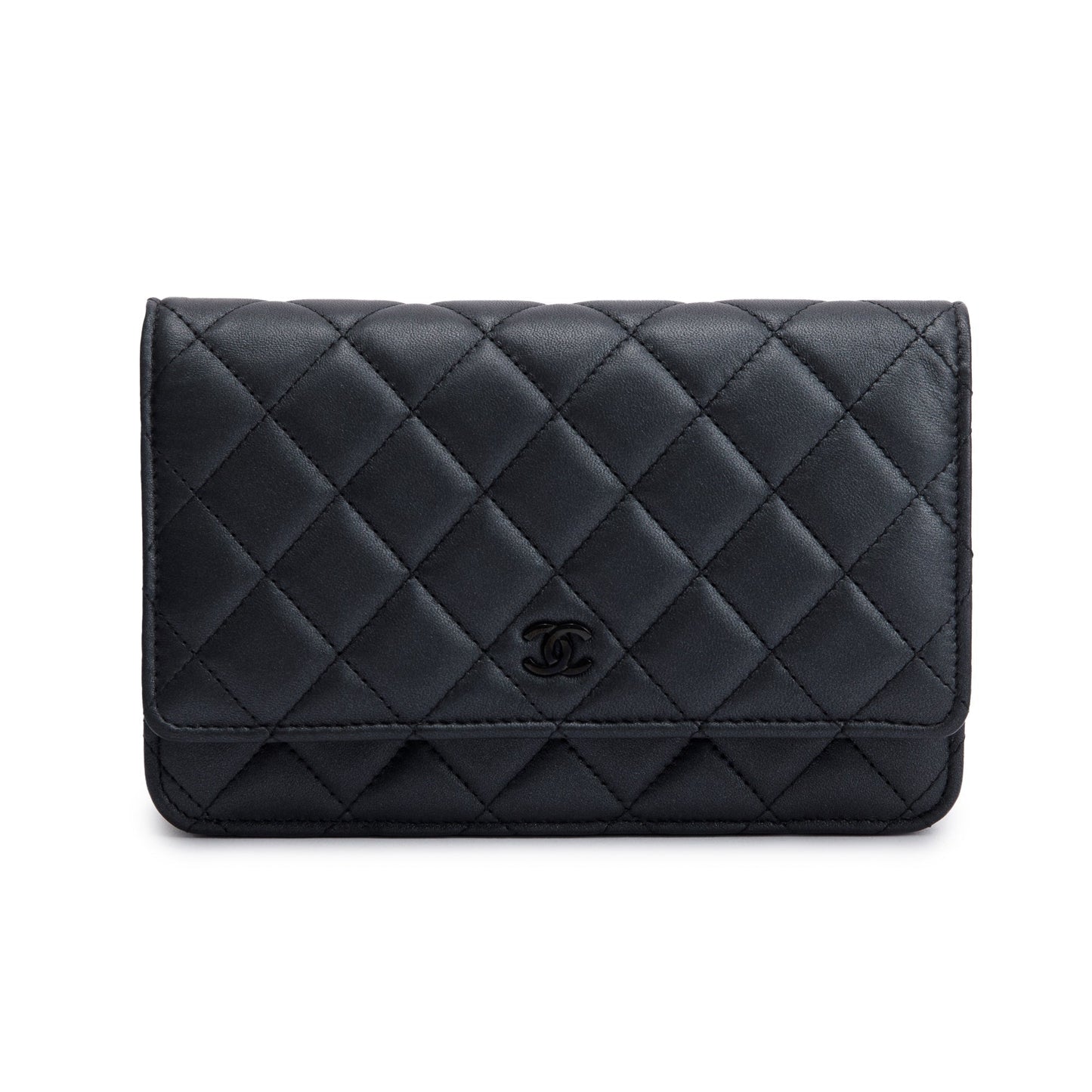 Chanel 2022 So Black Lambskin Leather Classic Wallet on Chain