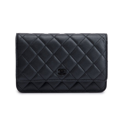 Chanel 2022 So Black Lambskin Leather Classic Wallet on Chain